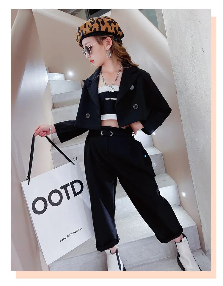 Ensemble fille ado 3 pièces : blazer, pantalon, ceinture, tenue formelle décontractée .