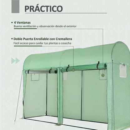 Serre de jardin tunnel Outsunny 300x100x200 cm verte, avec porte roulante et 4 fenêtres en PE et acier robuste