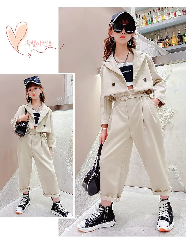 Ensemble fille ado 3 pièces : blazer, pantalon, ceinture, tenue formelle décontractée .