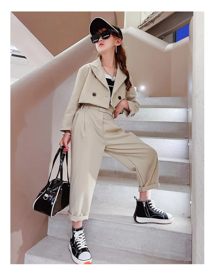 Ensemble fille ado 3 pièces : blazer, pantalon, ceinture, tenue formelle décontractée .