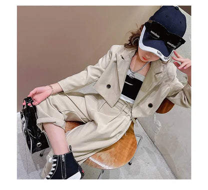 Ensemble fille ado 3 pièces : blazer, pantalon, ceinture, tenue formelle décontractée .