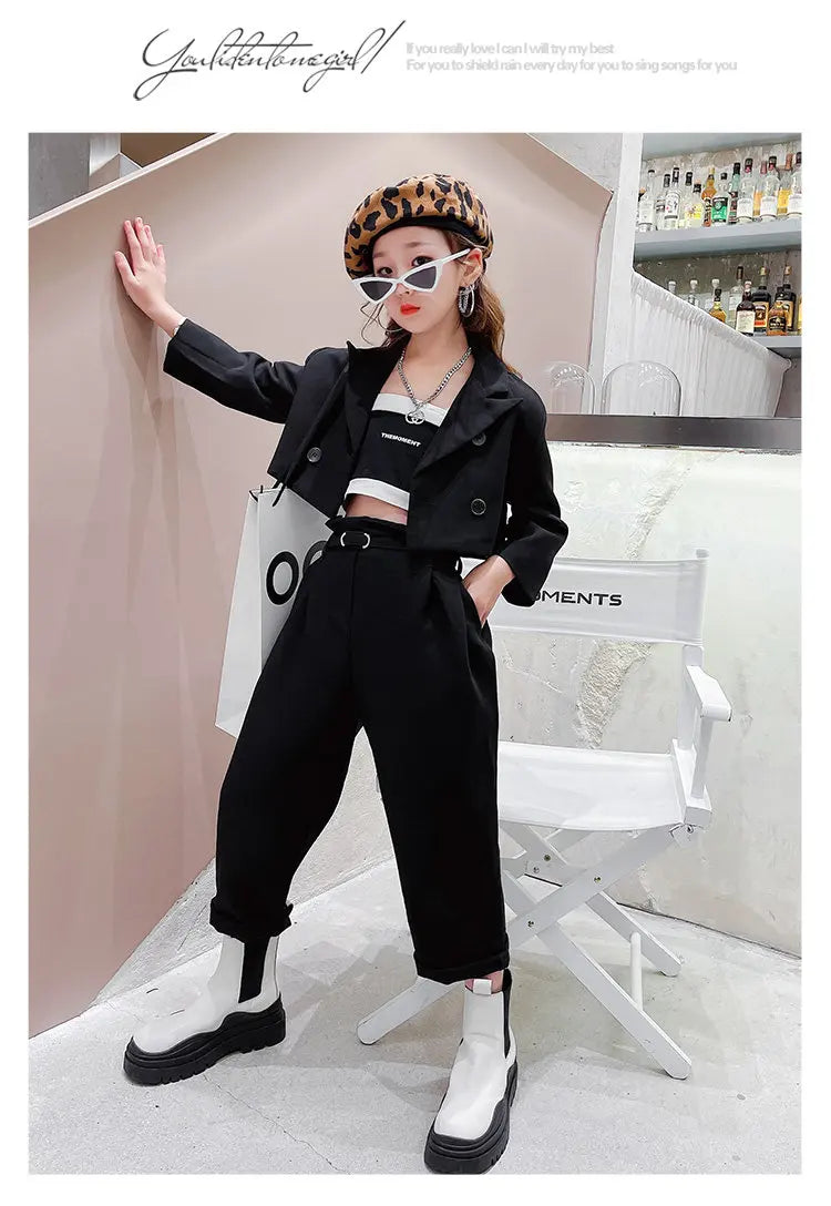 Ensemble fille ado 3 pièces : blazer, pantalon, ceinture, tenue formelle décontractée .