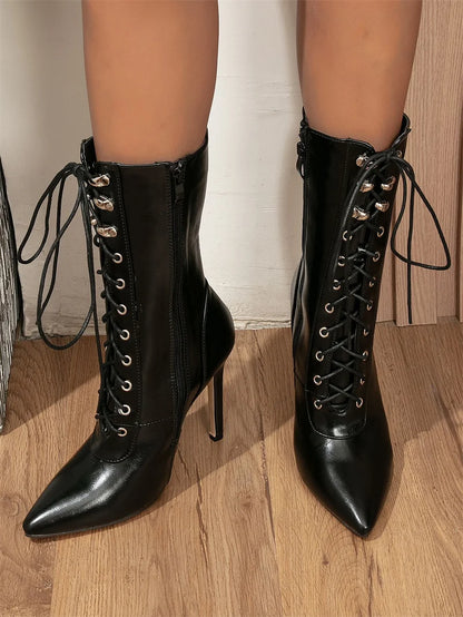 Bottines Chelsea noires femme, cuir PU, bout pointu, lacets et zip, style soirée .