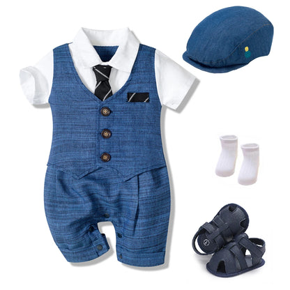 Costume bébé été 4 pièces : barboteuse, chapeau, chaussures, chaussettes .