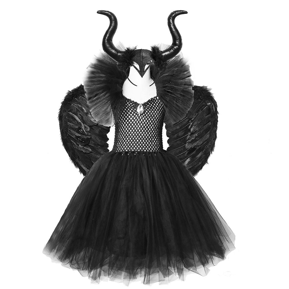 Costume sorcière fille – Robe tutu noire longue, ailes, cornes, Halloween