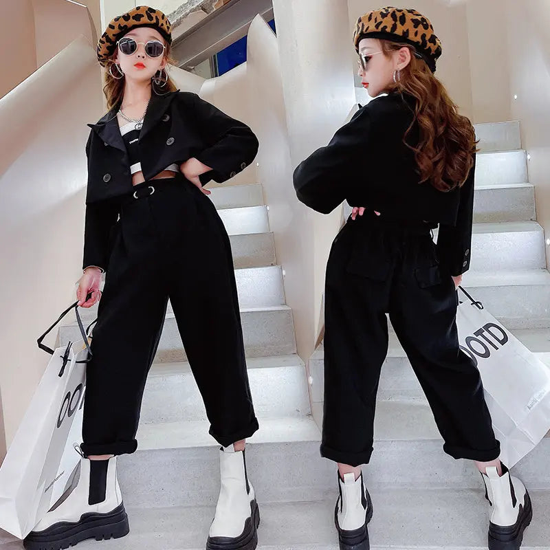 Ensemble fille ado 3 pièces : blazer, pantalon, ceinture, tenue formelle décontractée .