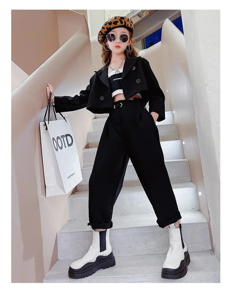Ensemble fille ado 3 pièces : blazer, pantalon, ceinture, tenue formelle décontractée .