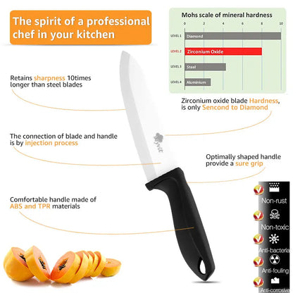 Couteau de cuisine en céramique – lame blanche, chef/viande/pain/office, poignée antidérapante colorée