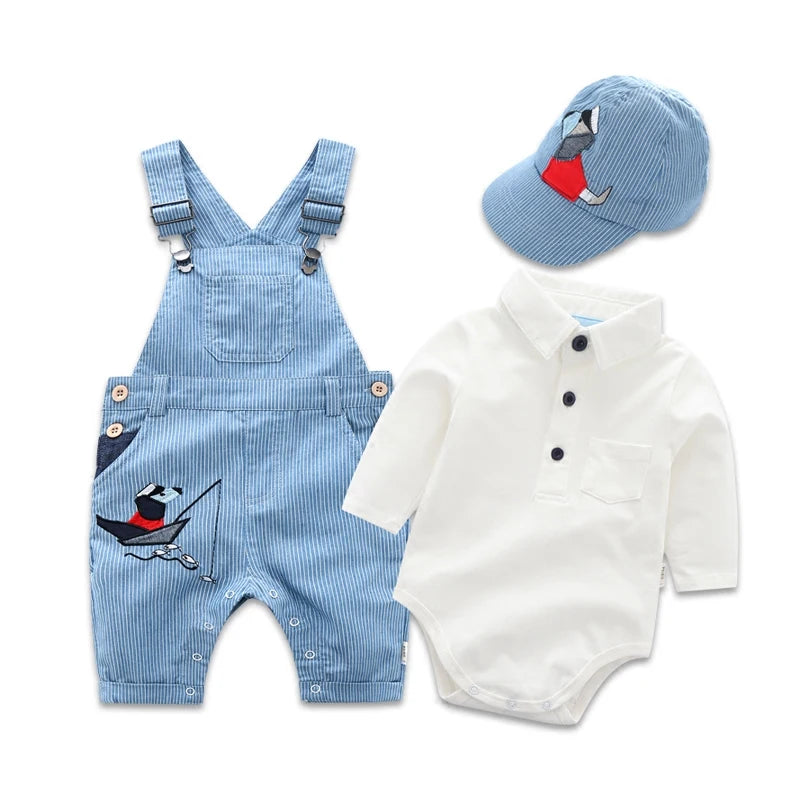 Tenue bébé garçon 3 pièces – Barboteuse coton, manches longues, chapeau et bavoir assortis, 3-24 mois