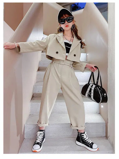 Ensemble fille ado 3 pièces : blazer, pantalon, ceinture, tenue formelle décontractée .