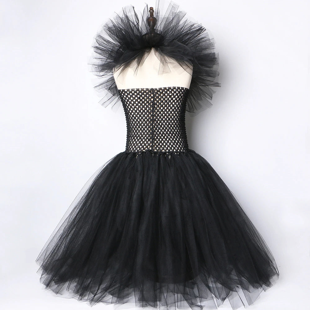 Costume sorcière fille – Robe tutu noire longue, ailes, cornes, Halloween