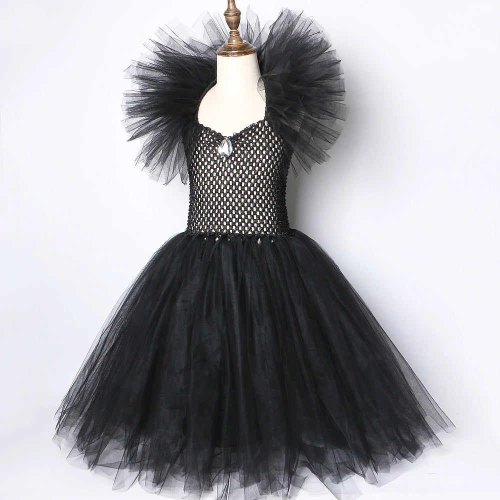 Costume sorcière fille – Robe tutu noire longue, ailes, cornes, Halloween