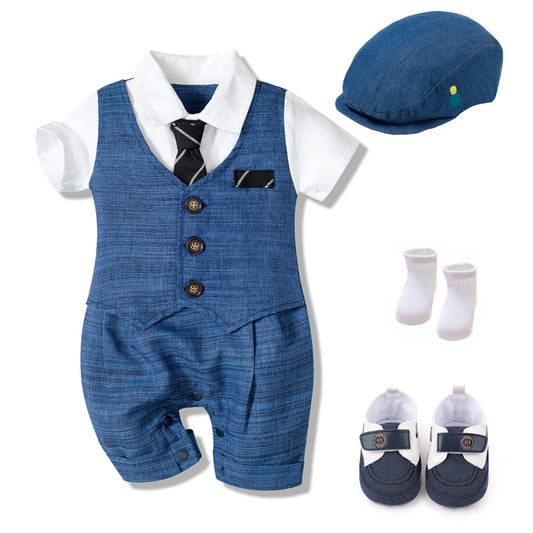 Costume bébé été 4 pièces : barboteuse, chapeau, chaussures, chaussettes .