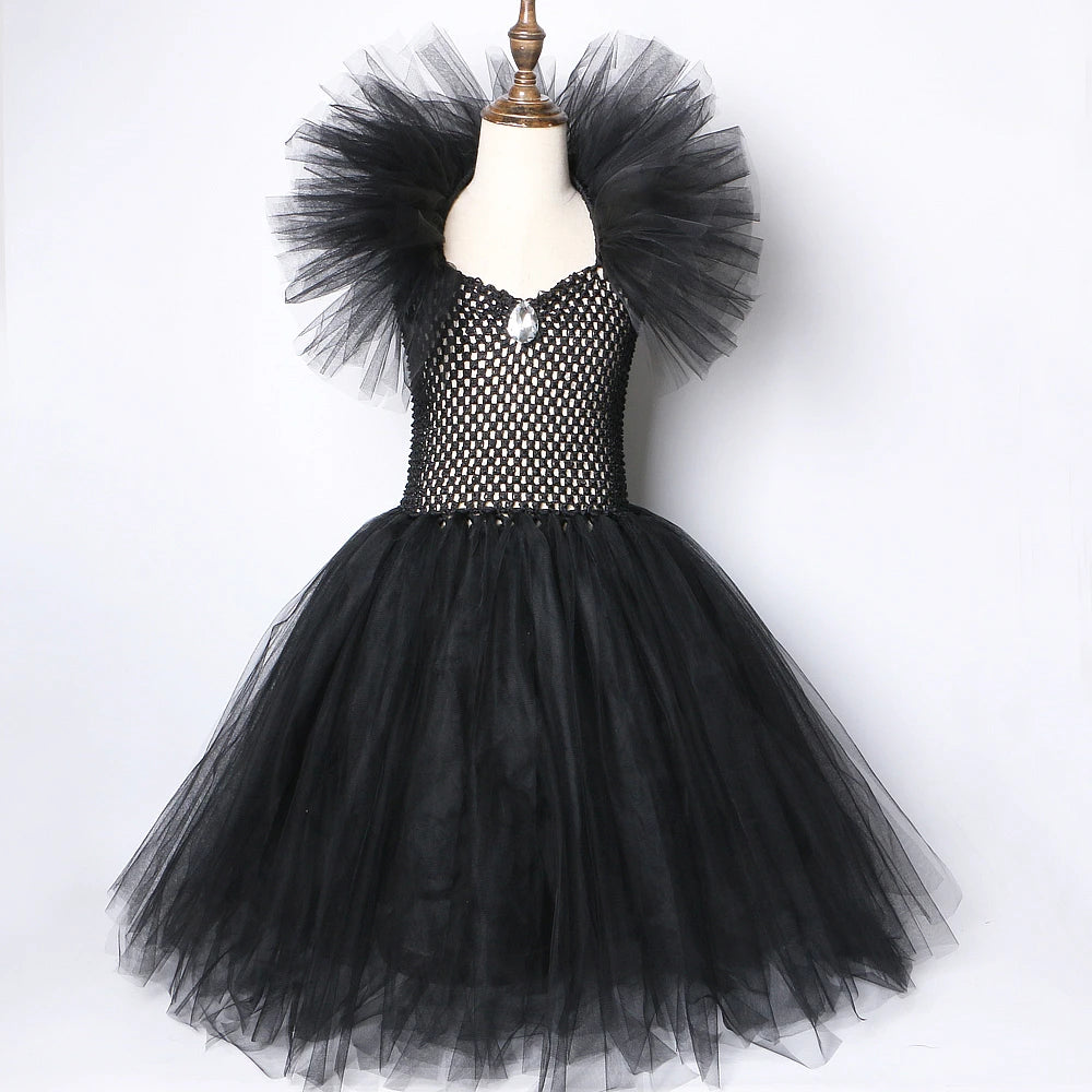Costume sorcière fille – Robe tutu noire longue, ailes, cornes, Halloween