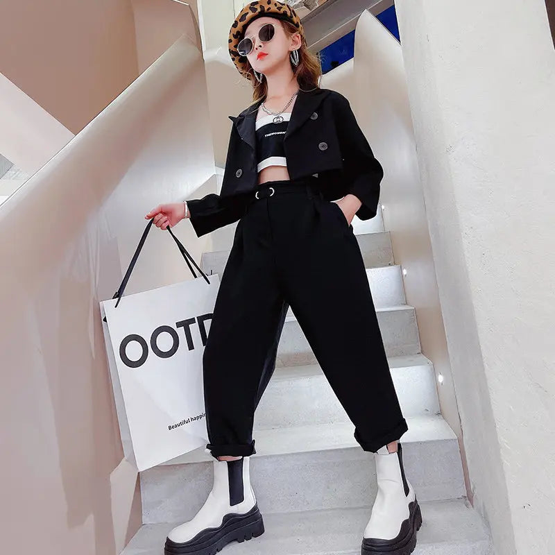 Ensemble fille ado 3 pièces : blazer, pantalon, ceinture, tenue formelle décontractée .