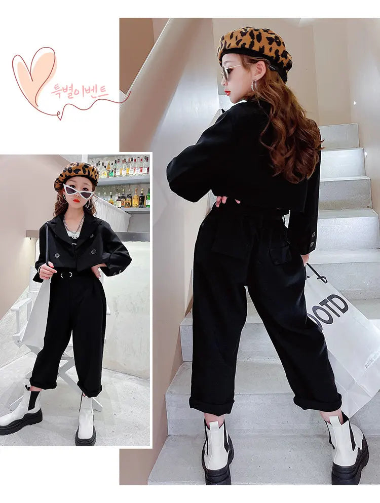 Ensemble fille ado 3 pièces : blazer, pantalon, ceinture, tenue formelle décontractée .