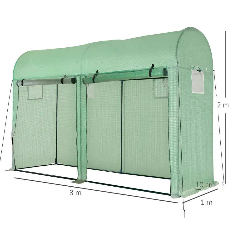 Serre de jardin tunnel Outsunny 300x100x200 cm verte, avec porte roulante et 4 fenêtres en PE et acier robuste