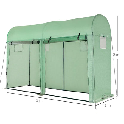 Serre de jardin tunnel Outsunny 300x100x200 cm verte, avec porte roulante et 4 fenêtres en PE et acier robuste