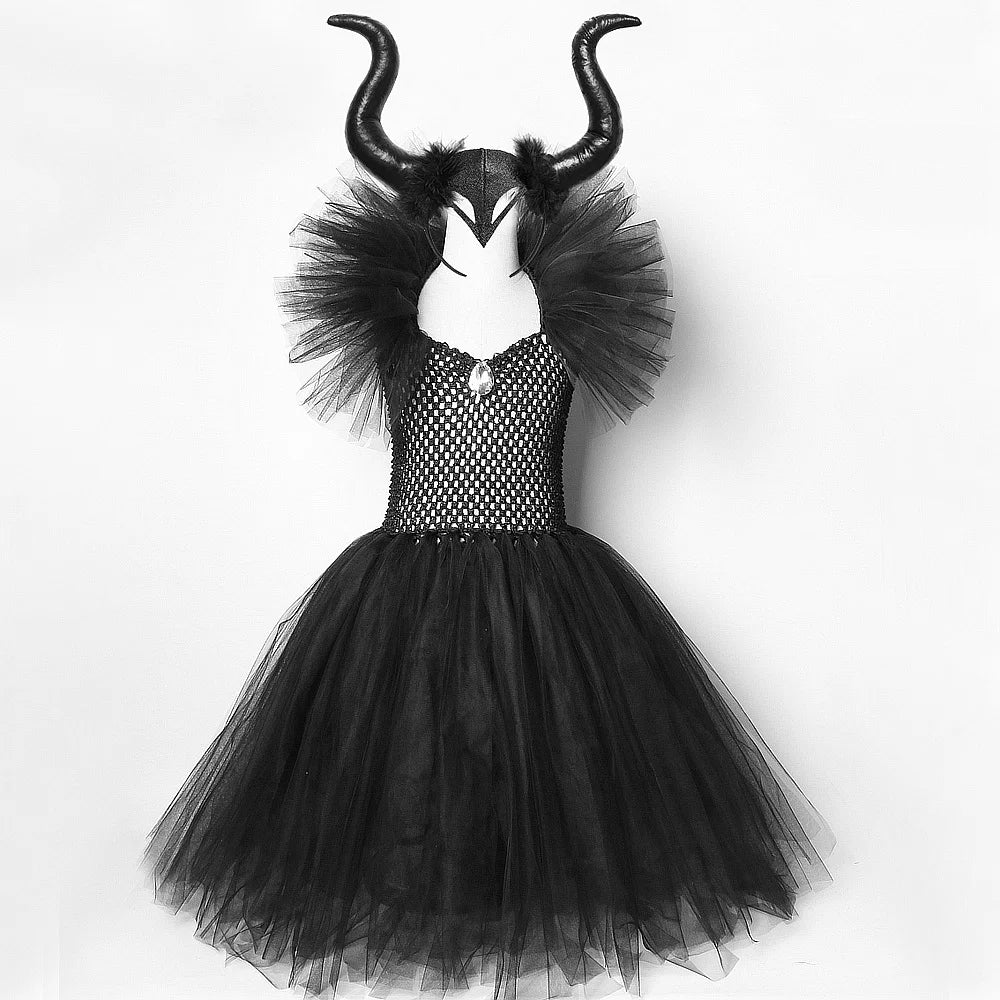 Costume sorcière fille – Robe tutu noire longue, ailes, cornes, Halloween