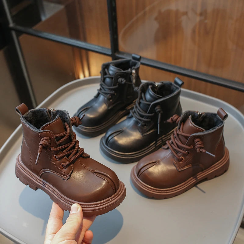 Bottes Enfant Cuir Hiver Chaudes Polaire – Marron Noir Velours Extérieur