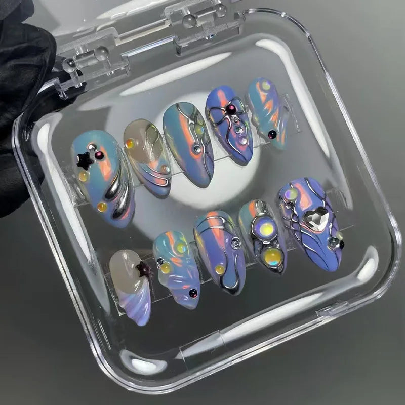 24 pcs faux ongles noirs mi-longs amande étoile fleur pression