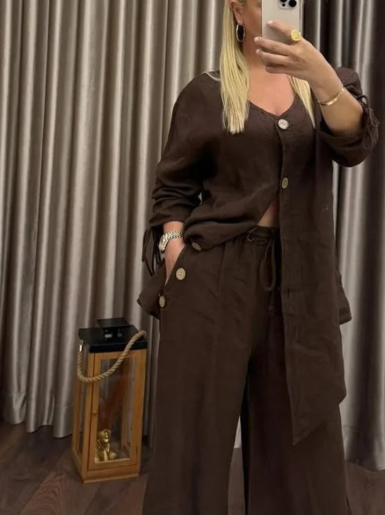 Ensemble Femme 2 Pièces – Cardigan Col V à Boutons & Pantalon Large, Style Décontracté Chic
