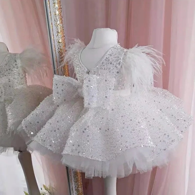 Robe à fleurs dorées fille﻿– bouffante brillante avec noeud, mariage, anniversaire, communion