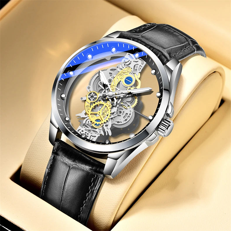 Montre homme quartz squelette doré rétro luxe .