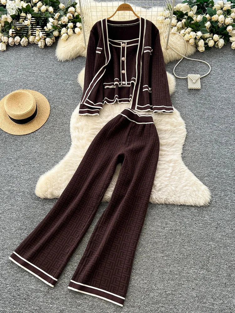 Ensemble 2 Pièces Femme – Tricot Imprimé Chic, Cardigan Chaud + Pantalon Large Décontracté