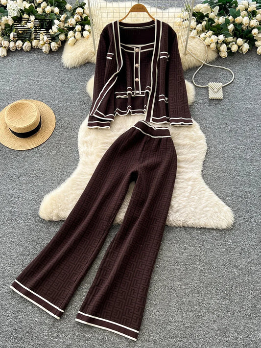 Ensemble 2 Pièces Femme – Tricot Imprimé Chic, Cardigan Chaud + Pantalon Large Décontracté