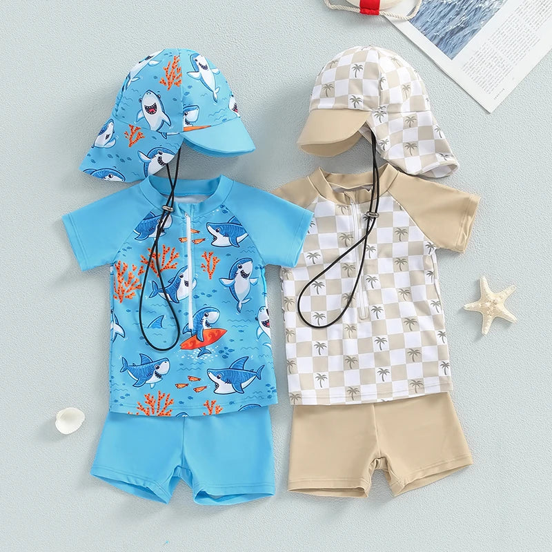 Ensemble maillot de bain été bébé garçon – anti‑UV, haut manches courtes, short et chapeau