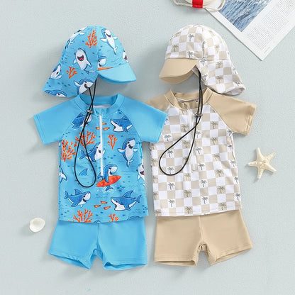 Ensemble maillot de bain été bébé garçon – anti‑UV, haut manches courtes, short et chapeau