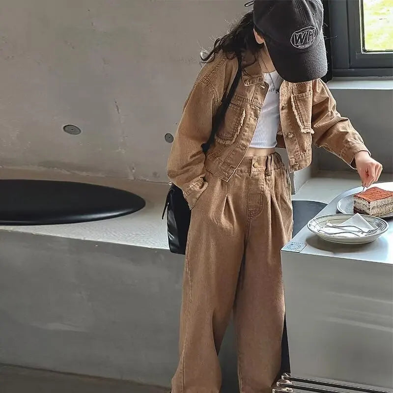 Ensemble de tenues 2 pièces pour filles, veste en jean à la mode, vêtements d'école pour mère et fille, tenues pour adolescents de 12 à 13 ans.