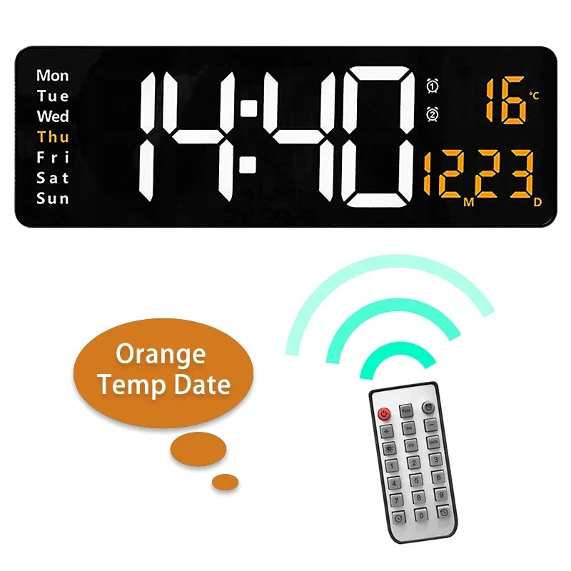 Horloge murale LED grande - télécommande, double alarme, température