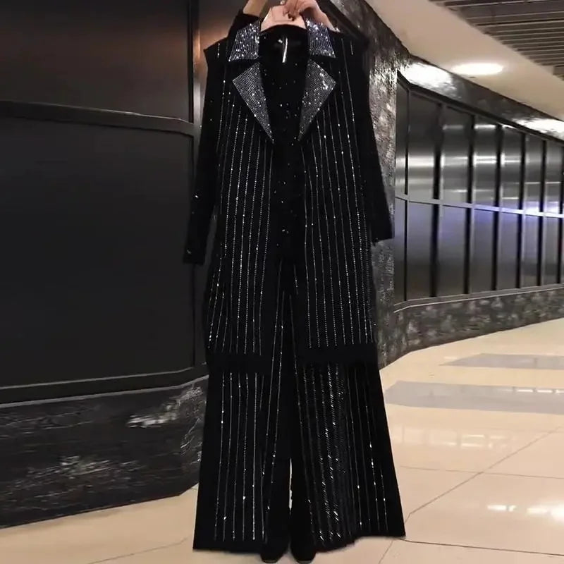 Ensemble Femme 3 Pièces Automne – Gilet Mi-Long et Pantalon à Jambes Larges avec Strass