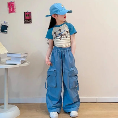 Pantalons cargo amples fille 5-14 ans, jambes larges, poches, mode printemps .
