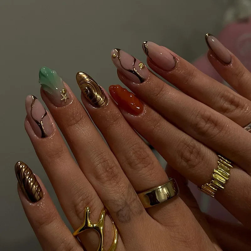 24 pcs faux ongles courts amande rouge tache étoile Art