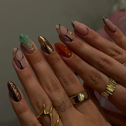 24 pcs faux ongles courts amande rouge tache étoile Art