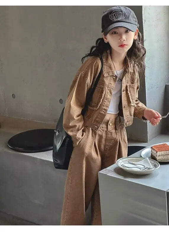 Ensemble de tenues 2 pièces pour filles, veste en jean à la mode, vêtements d'école pour mère et fille, tenues pour adolescents de 12 à 13 ans.