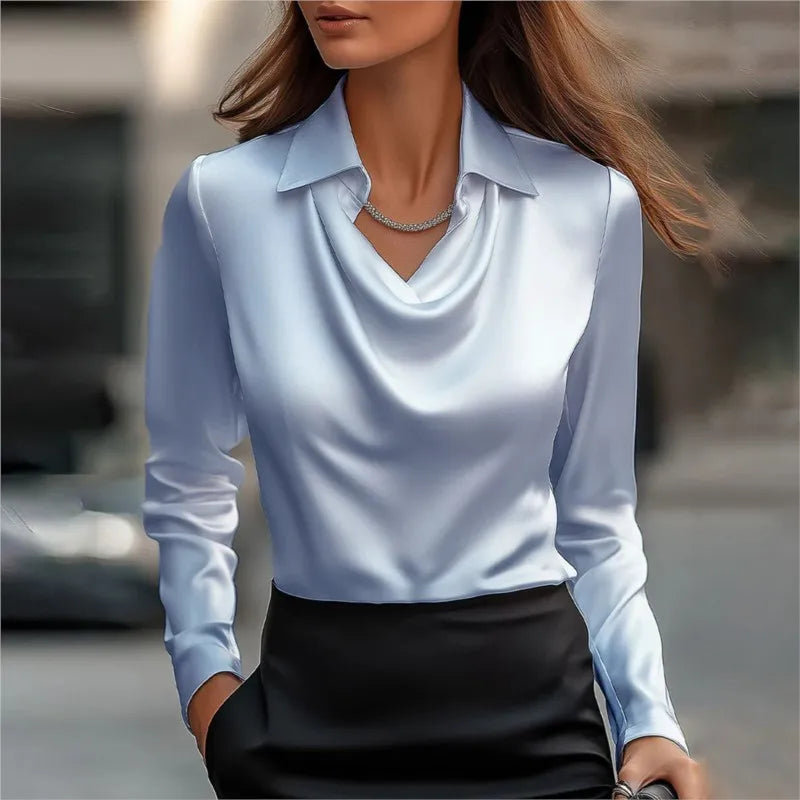 Chemise Femme Satin – Chemisier Élégant à Col V & Manches Longues, Coupe Ample Décontractée Chic