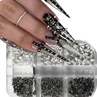 Clous ongles 3D métal – 6 grilles noir & argent, style punk