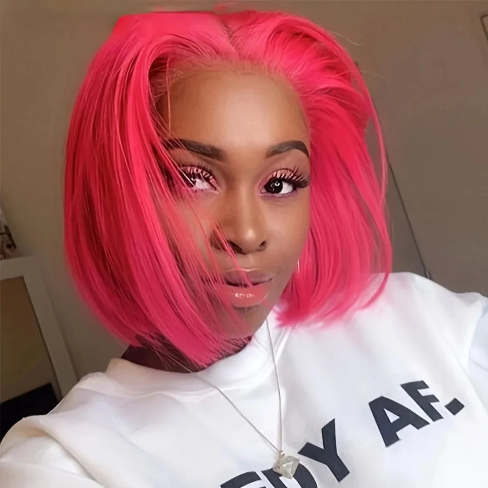 Perruque Bob rose droite – Cheveux humains, courte, dentelle avant, noeuds blanchis, pré-plumée, transparente