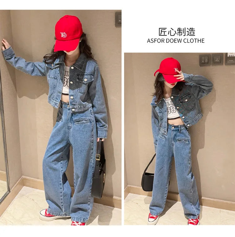 Pantalon Denim Jambes Larges Filles, Style Coréen, Printemps/Automne , 2 Pièces .