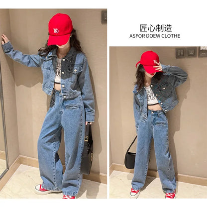 Pantalon Denim Jambes Larges Filles, Style Coréen, Printemps/Automne , 2 Pièces .