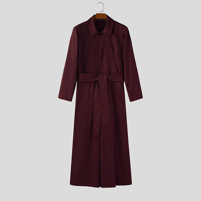 Salopette homme INCERUN  couleur unie à manches longues revers, jambe large – Combinaison ample streetwear décontracté S-5XL