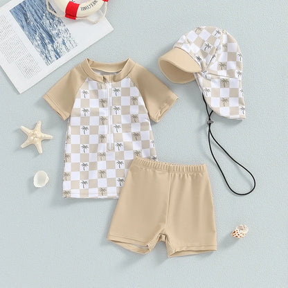 Ensemble maillot de bain été bébé garçon – anti‑UV, haut manches courtes, short et chapeau