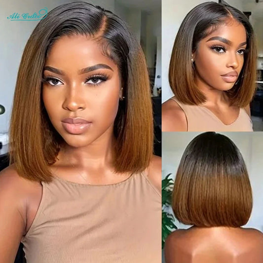 Ali Grace-Perruque Bob Lace Wig naturelle lisse ombrée, cheveux courts, 13 age, T1B/30, pre-plucked .