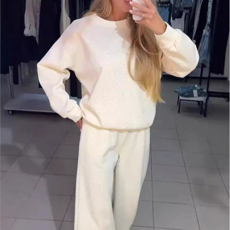 Ensemble Survêtement Femme 2 Pièces Rétro – Sweat et Pantalon à Col Rond Brillant