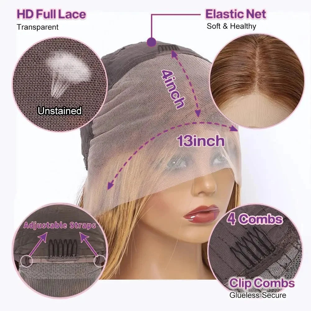 Perruque Bob Lace Frontal 13x4 – Cheveux Brésiliens Naturels Deep Wave, Courts Bouclés, Couleur Ombrée à Reflets .