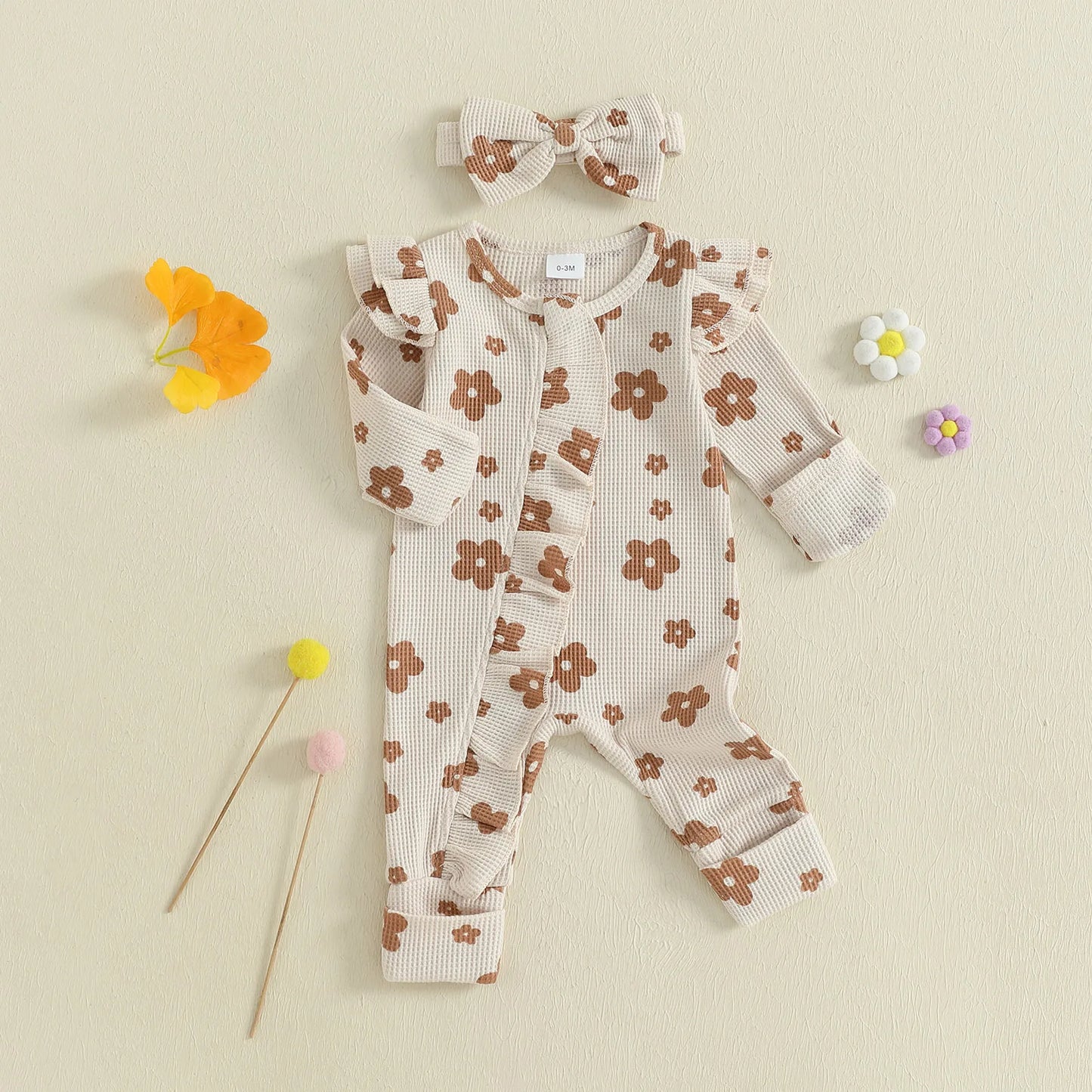 Ensemble bébé fille 2 pièces : combinaison florale à manches longues + bandeau .